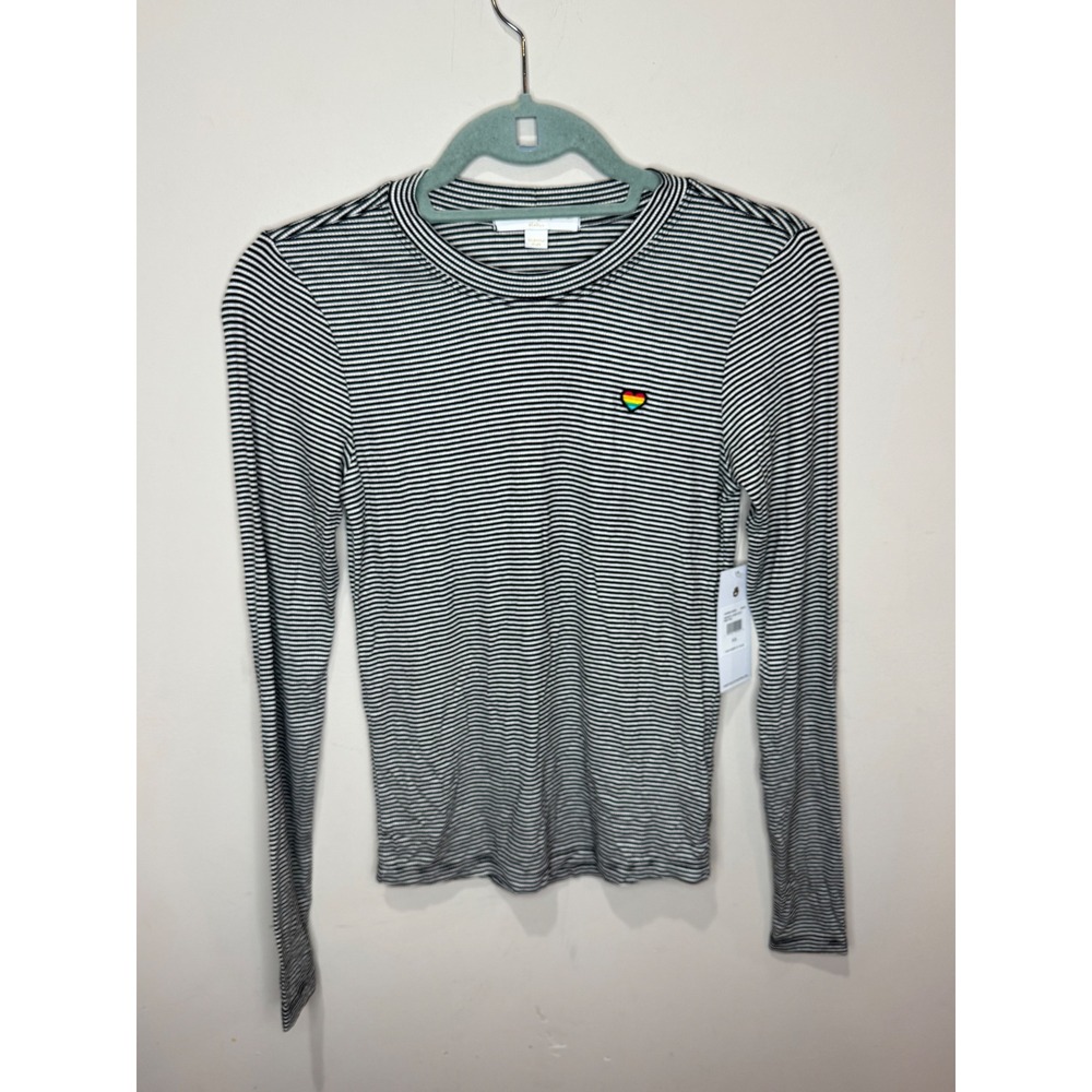 Spiritual Gangster NWT Black‎ White Striped Rib Long Sleeve Top Rainbow Heart XS